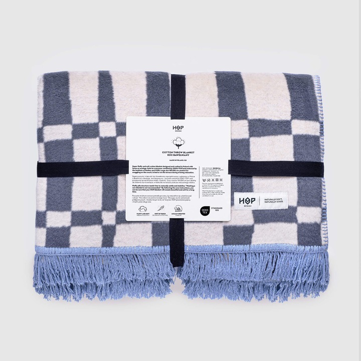 Patura din bumbac HOP Design, 150x200cm, gri-bej, cu doua fete diferite, ecologica