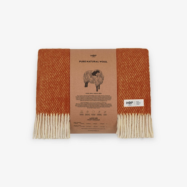 Patura din lana HOP Design, 155x205cm, ecologica, moale, maro-roscat