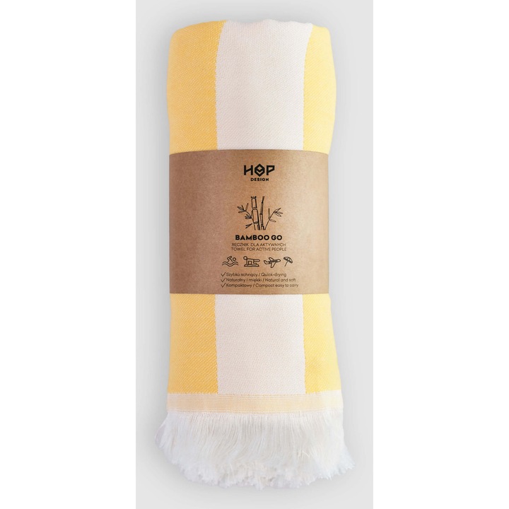 Кърпа Smart BambooGo, HOP Design, бързосъхнеща, антибактериална, 75x150см, жълто/крем