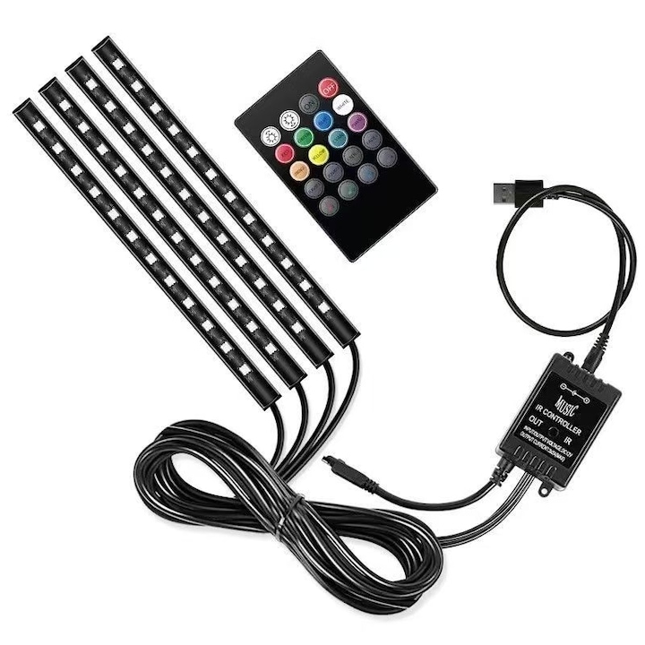 Lumini ambientale auto, cu telecomanda, 4 benzi, 72 LED-uri, senzor de muzica, USB, cablaj inclus, RGB multicolor