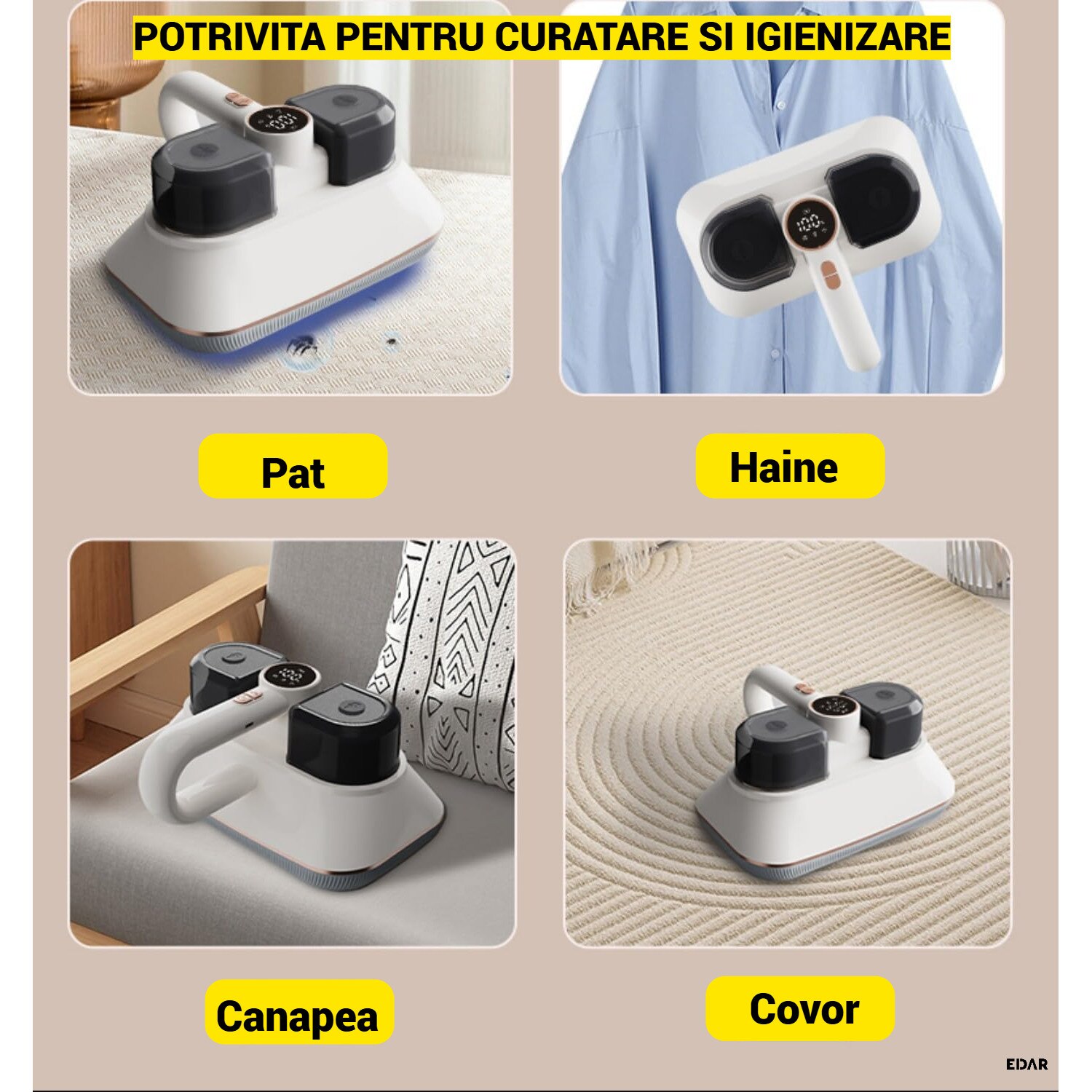 Aspirator Antiacarieni EDAR UV-C, HEPA, Ultrasunete, Fara Fir, Curatare Profunda, Design Ergonomic