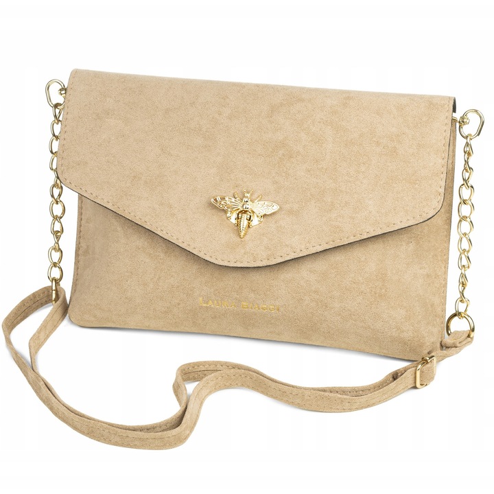 Geanta dama, Laura Biaggi, coperta, zamsz bej, 17x27x5cm, cu lant aurit