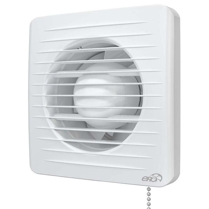 Ventilator de perete VentEurope CLASSIC125BDPS, patrat, cu clapeta antiretur, snur pornire/oprire, indicator luminos, diametru 125 mm, debit 183 mc/h, 16W, IP24, Alb