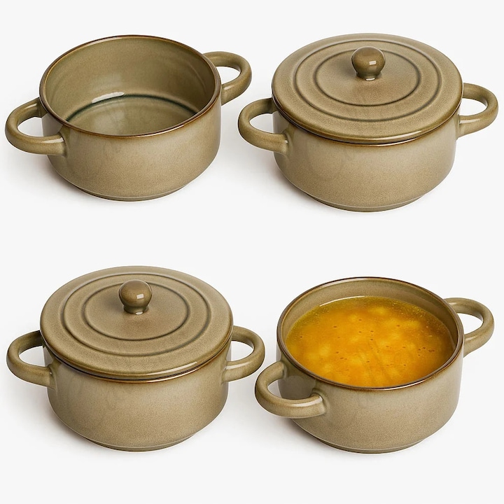Set 4 boluri ceramice cu maner, pentru supa, ciorba, bej, ceramica glazurata, 14x8cm, 700ml, Callena
