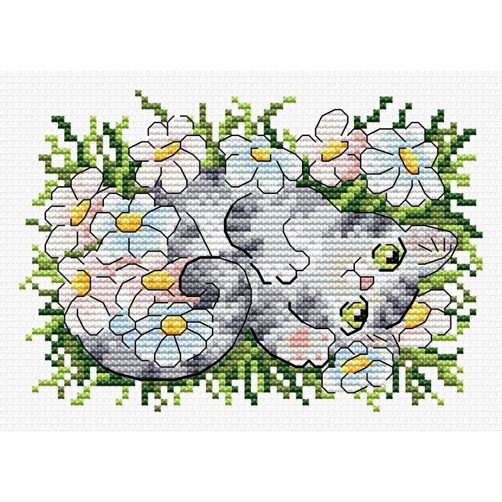 Set broderie pe panza solubila in apa MP Studia "Pisoi in margarete" 9x13cm