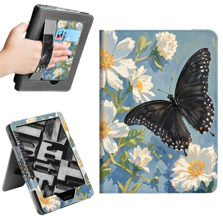 Калъф за Kindle Paperwhite 2024 (12-то поколение) 7 инча / Kindle Colorsoft Signature Edition 7 инча, тънък, ултралек, функция Sleep/Wake-up, магнитно закопчаване, със стойка и дръжка, модел пеперуда и цветя