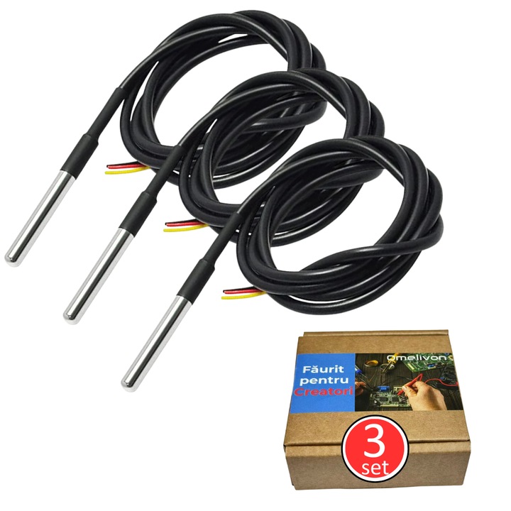 Set de 3 senzori de temperatura digitali DS18B20, din otel inoxidabil, impermeabili, cablu de 1 m, interval de masurare -55℃~+125℃