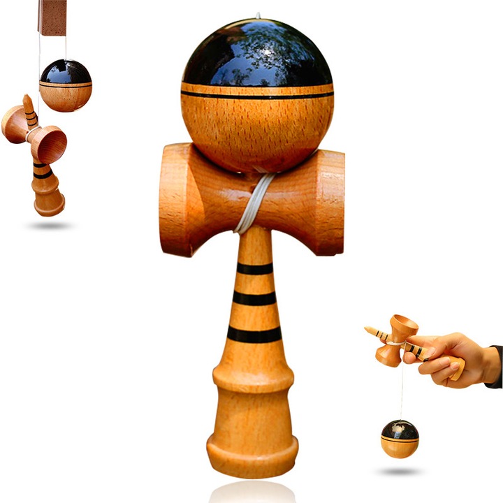 Kendama profesionala din lemn, Profesionala, din Lemn, Aspect lemnos modular, 18 cm, Negru