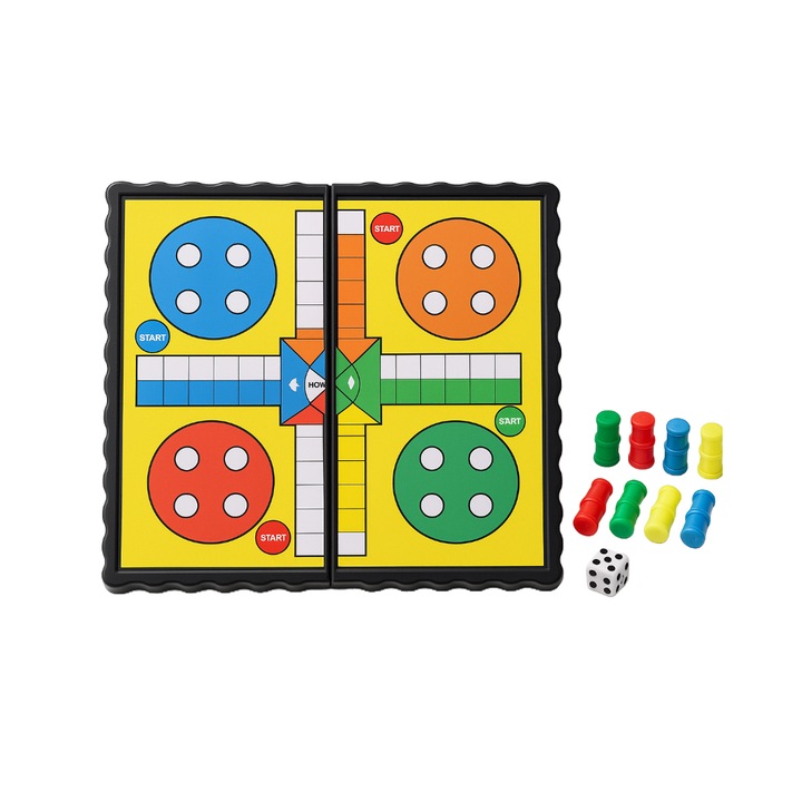 Интерактивна игра Ludo, Dalimag, компактна 13x7 см, пълен комплект с 16 цветни пионки, преносима