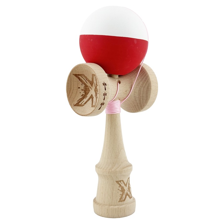 Kendama X Originala, SUPER STYKY, Big Cups V2, Cupe Mari, Rulment Metalic cu Ata 55 cm, Alb - Ros