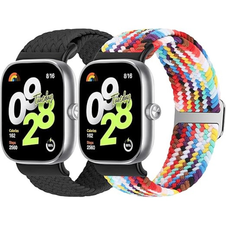 Комплект от 2 плетени найлонови каишки за смарт часовник Xiaomi Redmi Watch 4/5/Band 8 Pro/9 Pro, регулируеми, щадящи кожата, многоцветни