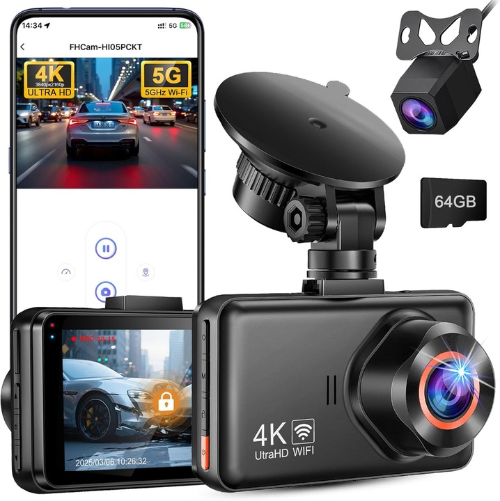 Xenomo® DASH PRO 4K+2K fedélzeti autós kamera DVR, ultrakompakt, ciklikus felvétel, G-szenzor, 170°-os látószög, tolatókamera mellékelve