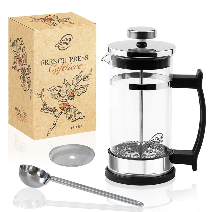 Cafetieră manuală Pro@Home43, 0.35L, set cadou, sticlă și oțel inoxidabil