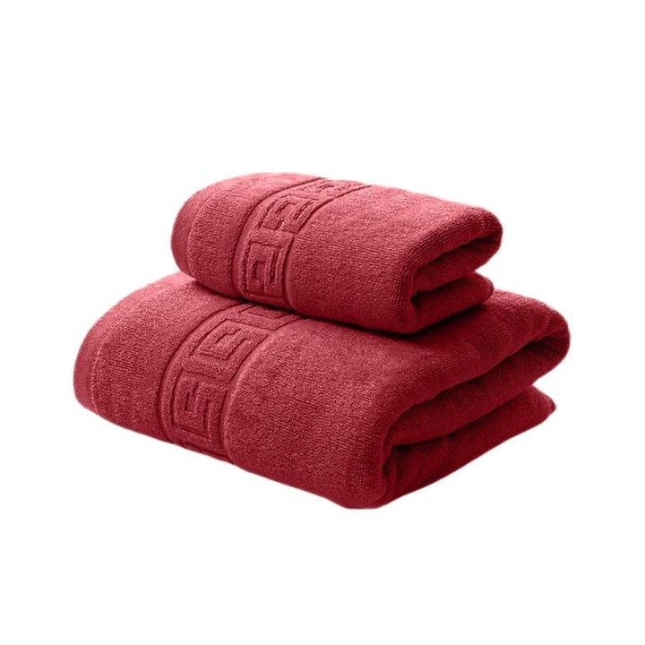 Set 2 Prosoape Ralex Pucioasa Greek Border 100% Bumbac, Rosu, 50x90cm si 70x140cm