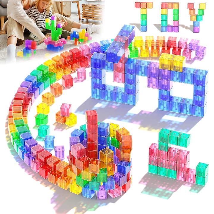 Set Blocuri magnetice 100 Piese, Wacorresi, Cuburi Magnetice, Inteligent de Constructie Magnetic 3D, transparent, jucarii educationale pentru copii, numeroase Posibilitati de Construit Creativ, Dezvoltarea Abilitatilor Motrice si a Imaginatiei, 3 ani +
