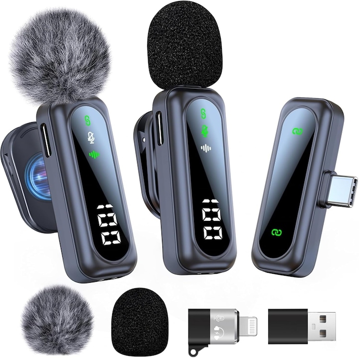 Set 2 Microfoane Wireless Lightning, Cu Afisaj LED, Reducere Zgomot, cu Clip Magnetic, Plug & Play, Ideal pentru iPhone, Vlog, TikTok & Podcast