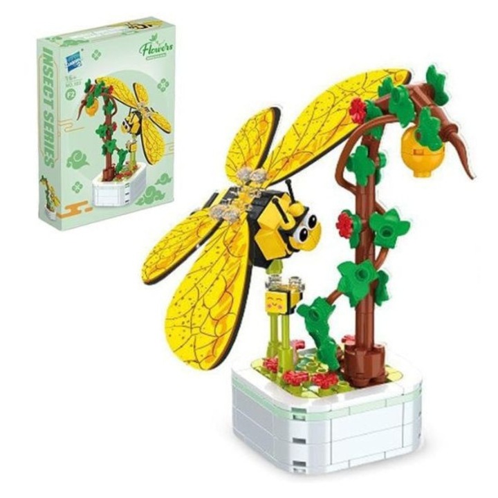 Set Constructie Albinuta si Floare – Flowers Insect Series, Model Decorativ 3D, 19, 5 cm, Joc Creativ DIY pentru Copii si Adulti