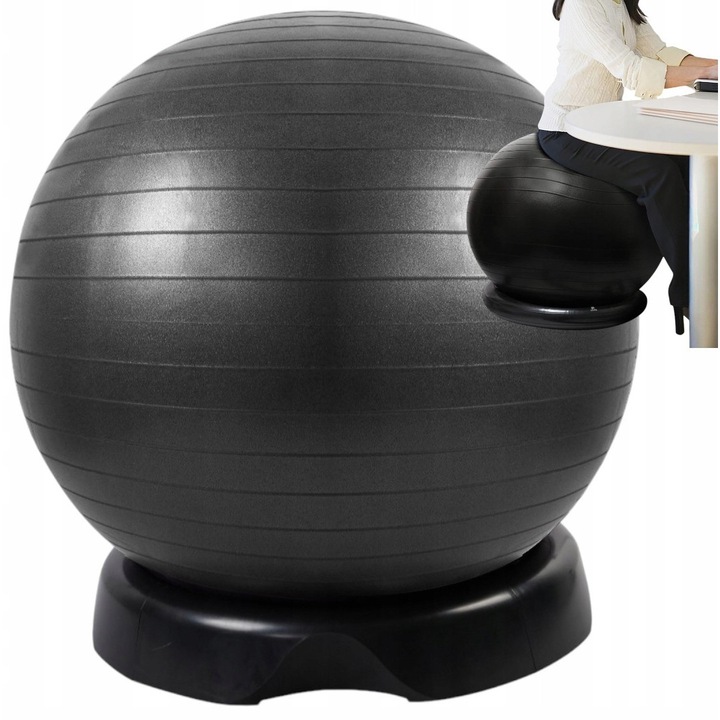 Minge de gimnastica 3 in 1, 65 cm, cu baza stabilizatoare si pompa, neagra