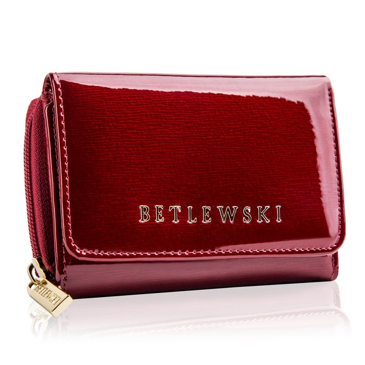 Дамски портфейл Betlewski, червен, естествена кожа, компактен, с RFID защита, 12x8.8x3см