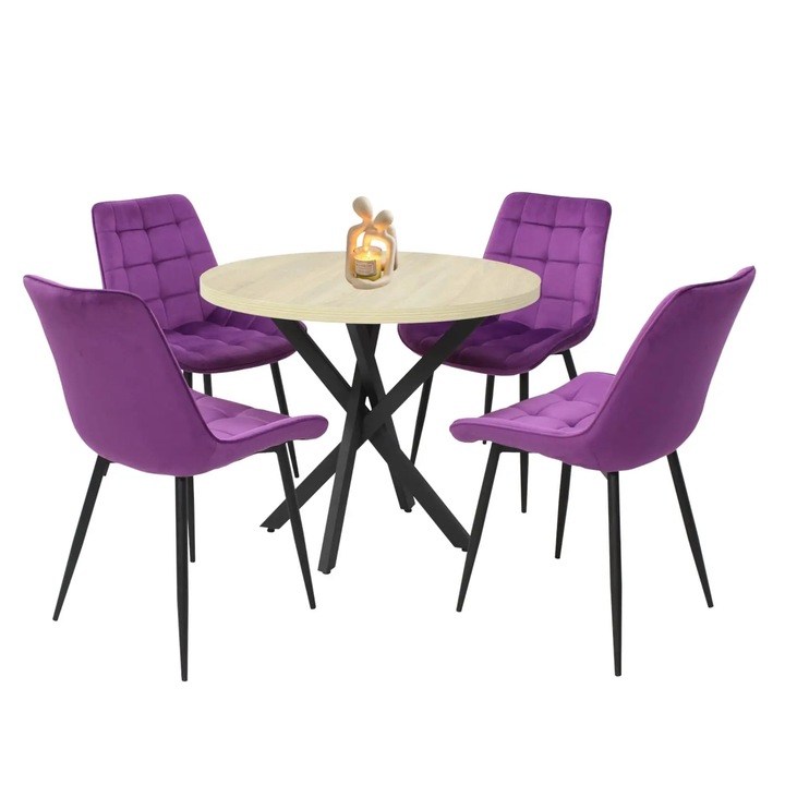 Set Masa fixa Rotunda Tania X Stejar cu 4 Scaune Onix Mov, picioare negre, tapiterie din material textil, rotunda, blat din PAL laminat, 90x75cm