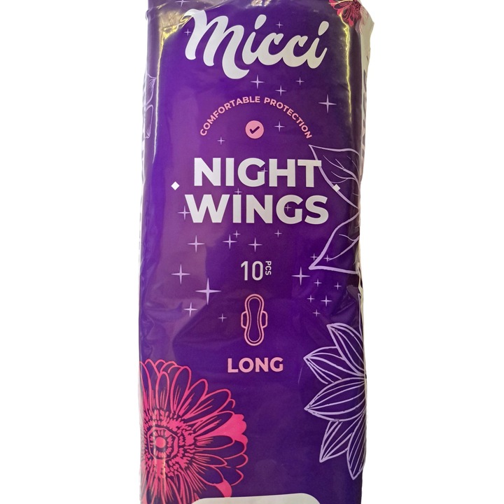 Absorbante igienice Micci Night, lungi, 10 buc, extra absorbante, cu aripioare, 100% bumbac, anti-alergenice
