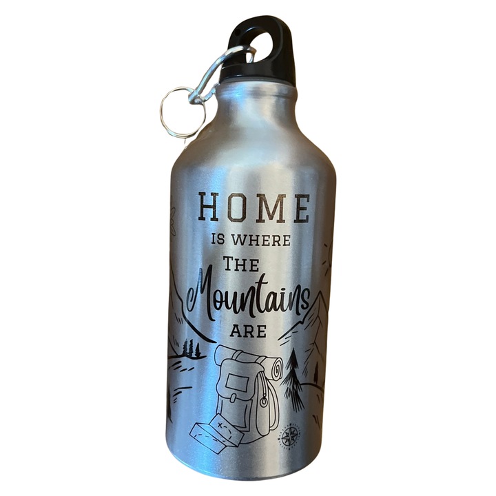 Sport fémkulacs, ezüst, karabineres kupak, 500ml, hegyek mintával, Home