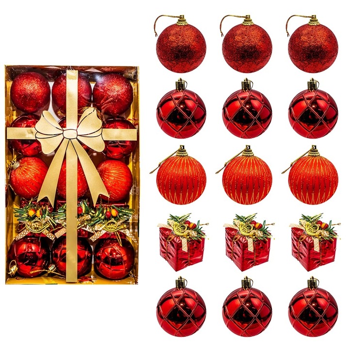 Globuri pom Craciun, rosu, 15 buc/set