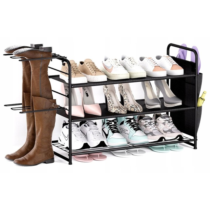 Cipőtároló, CLESOO, 3 szintes, fém, fekete, 94x29,6x51,5cm