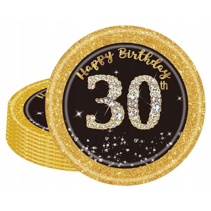 16 darab papírtányér szett 30. születésnapra, Popoyu fekete-arany kivitel, 17 cm