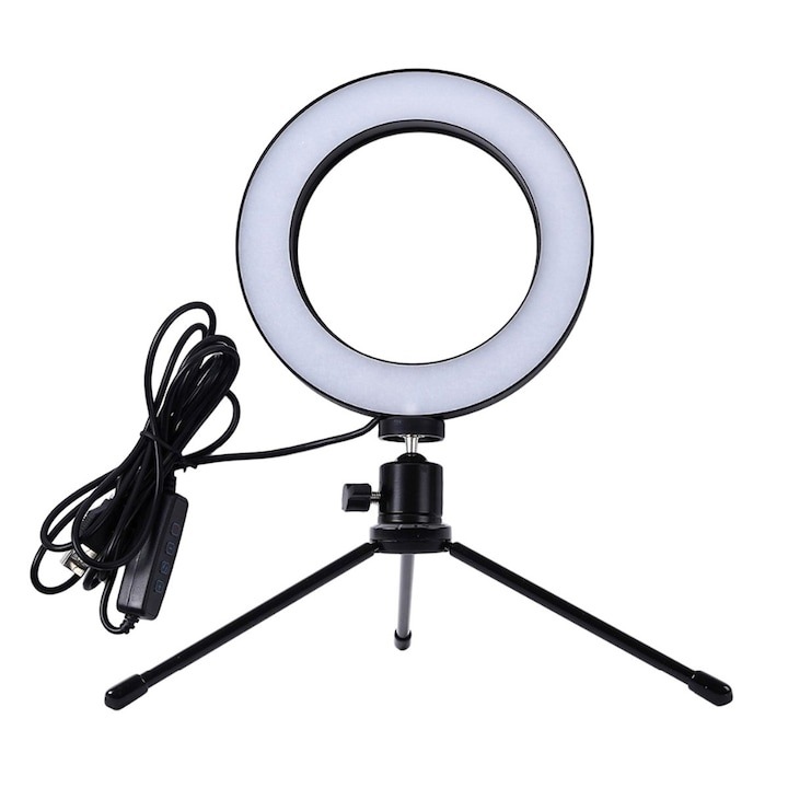 Set lampa circulara cu trepied, culoare 3200K–5800K, alimentare USB 5V, diametru inel 16 cm, pliabil – accesoriu ideal pentru fotografie