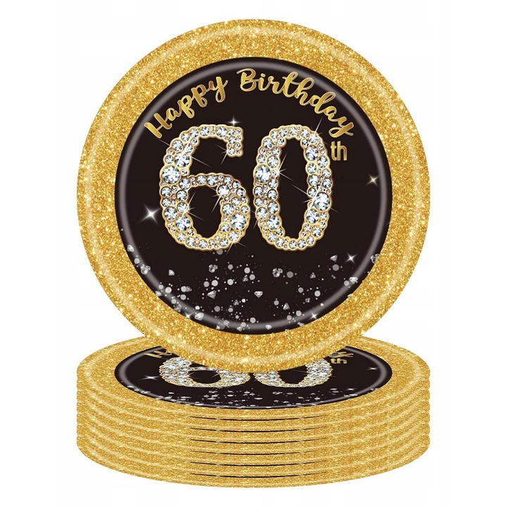 16 darab papírtányér szett 60. születésnapra, Popoyu fekete-arany dizájn, 17cm