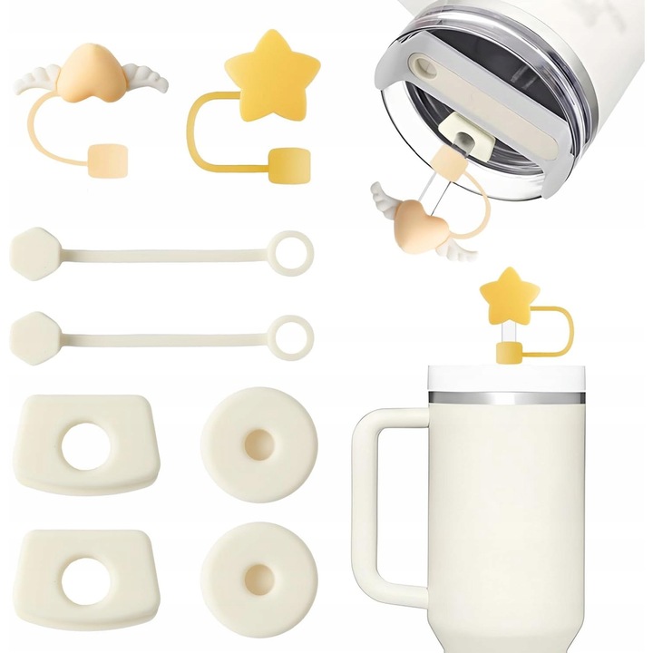 Set accesorii pentru cana, Hongma, 8 piese, protectii pentru pai, crem, galben