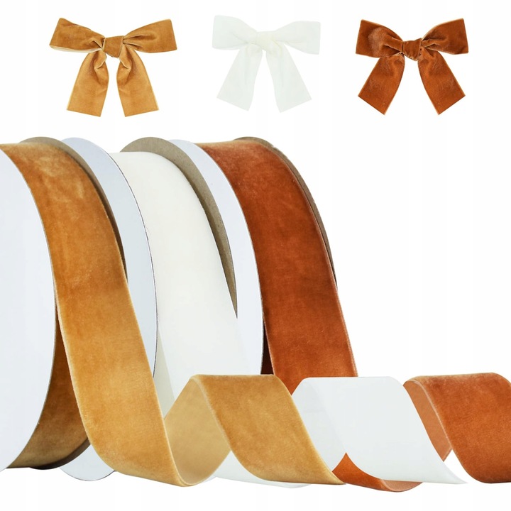 Set benzi de catifea RIBBOOO, 3 role, 25mm x 9m, nuante de bronz si alb
