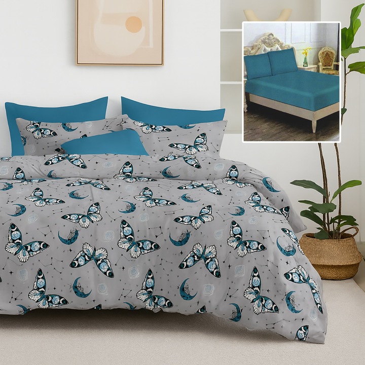 Lenjerie pat bumbac Finet 6 piese PROMO cu husa saltea 160x200 sau 180x200 cm, pilota 200x220 cm, 2 fete perna 50x70 si 70x70 cm, Turcoaz, Pucioasa