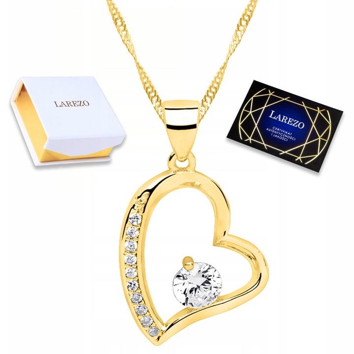 Colier Larezo, Aur 585, Inima, Argint 925, 42cm + 3cm, Zirconii