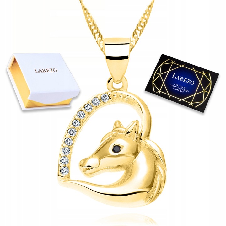 Colier Larezo, argint 925, placat cu aur 585, cu pandantiv in forma de inima, lungime 42cm + 3cm, ciorchini de zirconii