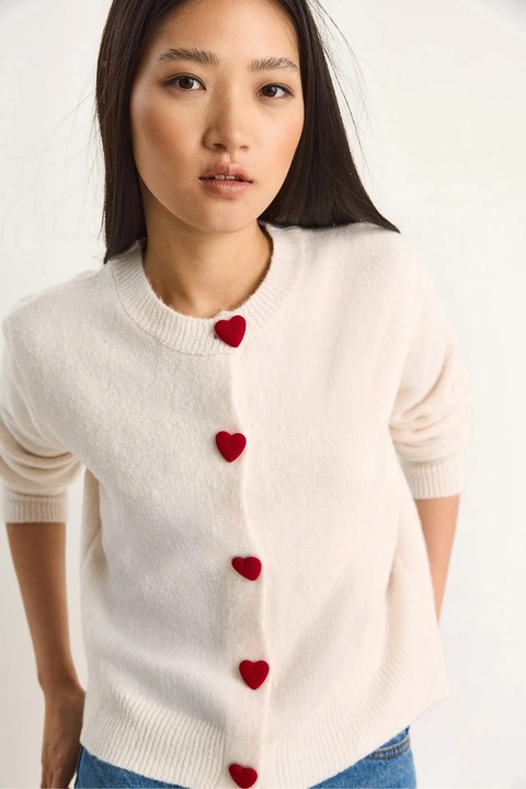 Pulover dama, HiCCUP, cardigan cu nasturi inimioara, bej natural, tricot, S-M INTL