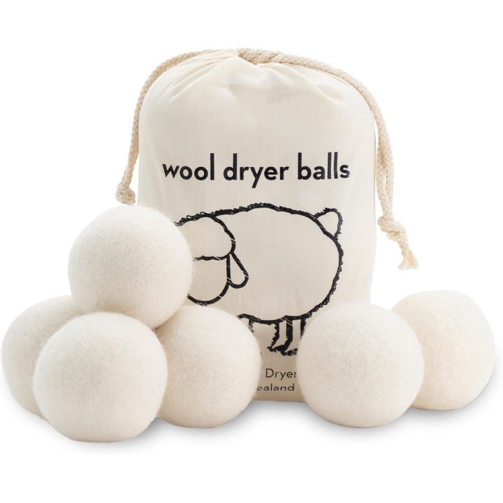 Bile de lana pentru uscator - Set 6 bucati XL, Inmuietor natural premium reutilizabil din lana proaspata de Noua Zeelanda, reduce timpul de uscare, lucrate manual, versiune imbunatatita (Diametru 7 cm)