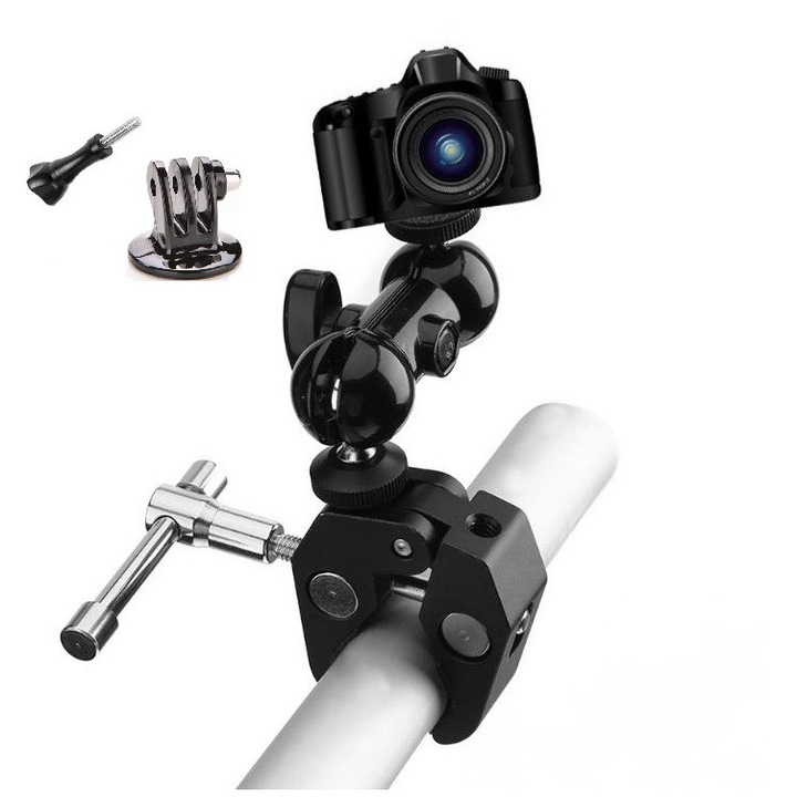 Стойка тип менгеме/щипка за монтиране на спортна видеокамера GoPro Hero 1 2 3 + 4 5 6 7 8 9 10 11 12 13 Session Mini Max Fusion, insta360 One X Go, SJcam, DJI Action, универсална, от алуминий, заедно с адаптер за 360 градуса