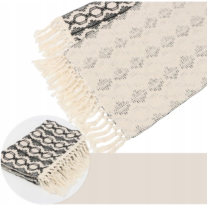 Bieznik de masa decorativ, 33x220cm, bumbac si in, alb-negru, cu ciucuri