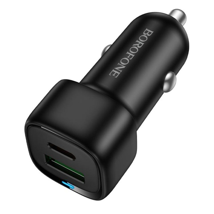 Borofone autós töltő – Cloud, Kettős USB-A + Type-C port, 38W (PD20W + QC3.0), ABS, Fekete