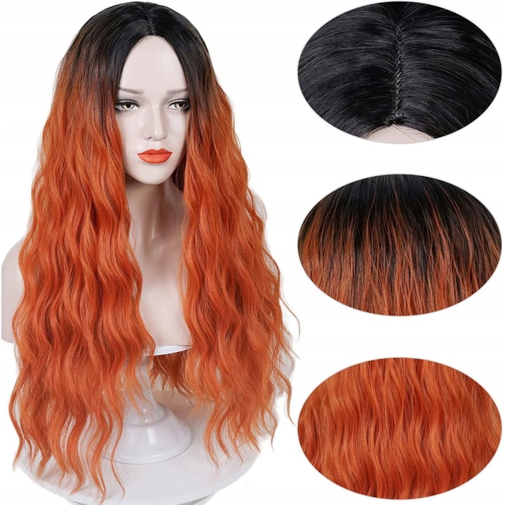 Peruca dama set, lungi, ombre negru-portocaliu-rosu, 68 cm, rezistenta la caldura