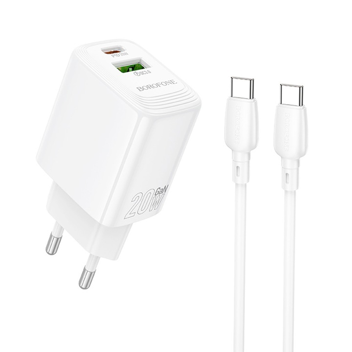 Borofone BN27 hálózati töltő, USB-C port, 2E+1 W, kábellel, fehér színű