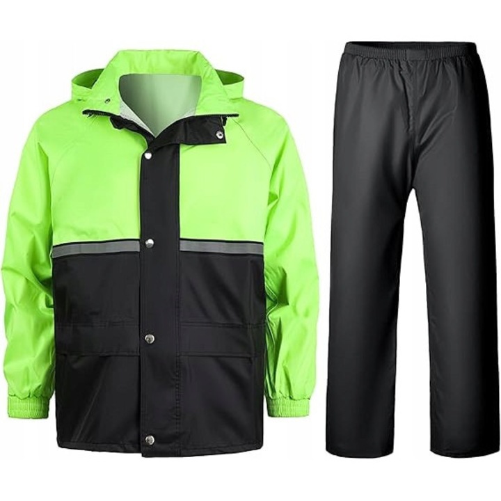 Set jacheta cu gluga si pantaloni, elemente reflectorizante, poliester Oxford, verde negru, M