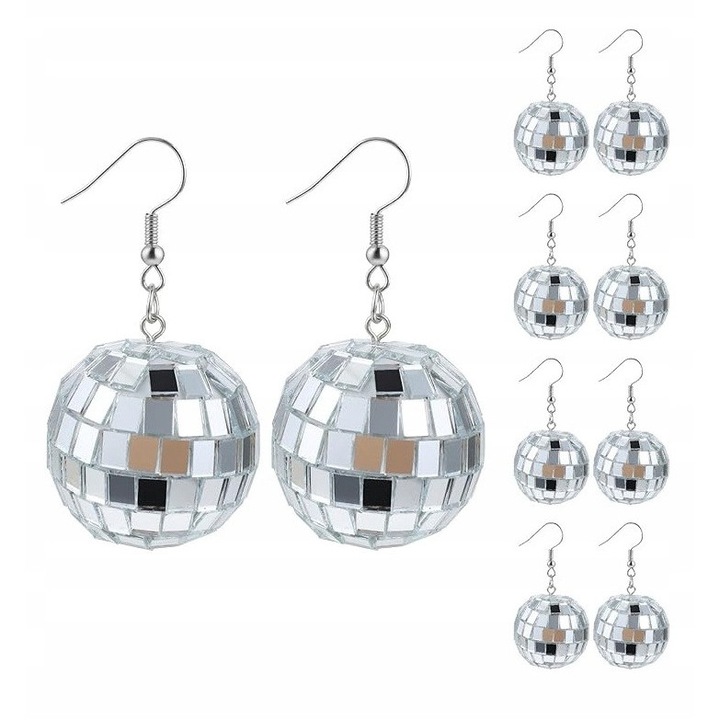 Set 5 perechi cercei disco, argintii, efect oglinda, 5 cm