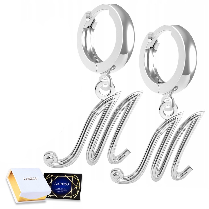 Cercei din argint 925 cu litera M, set complet, 30mm, design elegant, cutie de bijuterii inclusa