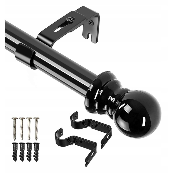 Karnis reglabil 76-147 cm, inox, negru, cu capete rotunde, set complet montaj