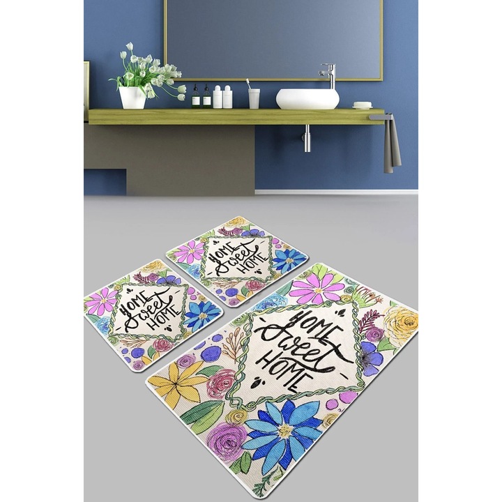 Set de 3 covoare de baie Topiary, covoras de baie cu baza antiderapanta, set de toaleta Djtbanyo