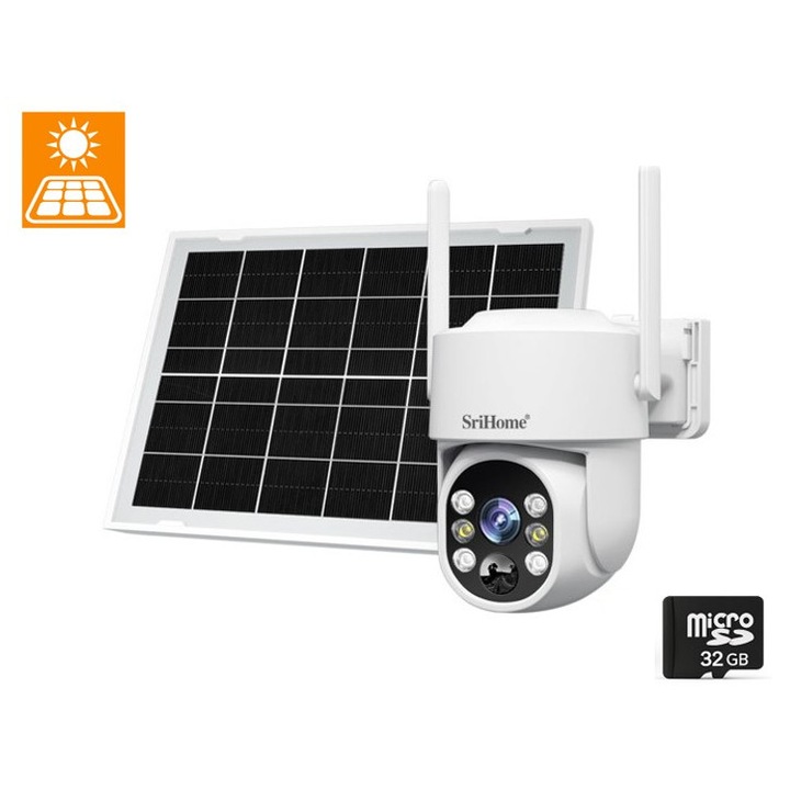 Camera Supraveghere WiFi SriHome™ DH005, 4MP, 2K Quad HD, Exterior/Interior, IP66, Acumulator 5200mAh, Solar, Night Vision Color & IR, Detectie PIR, Audio Bidirectional, PTZ 355°/90°, WiFi 2.4GHz, Control iOS/Android + Card microSD 32GB inclus