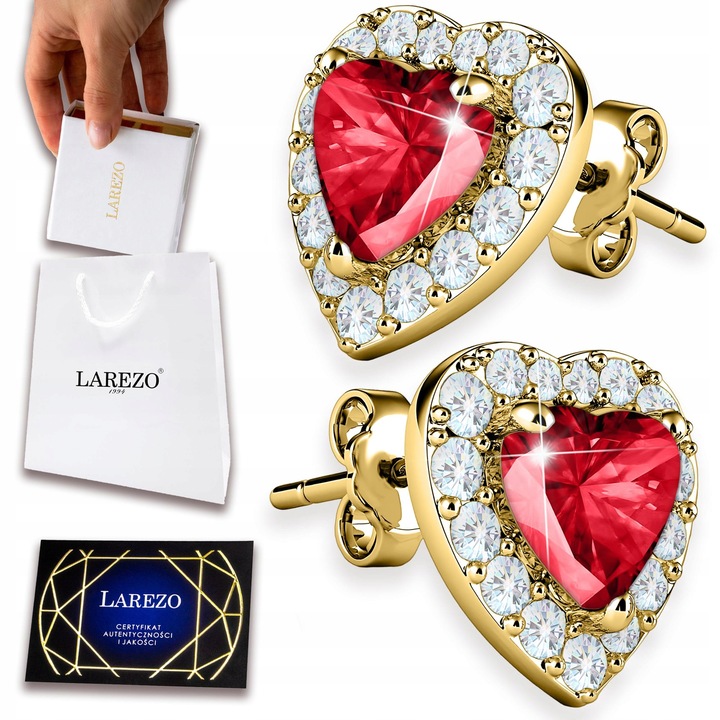Cercei Larezo, inima, argint 925, placare aur 585, zirconii, 7x7mm, set complet cu cutie si certificat de autenticitate
